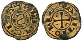 CRUSADERS. Principality of Antioch. Bohémond III, 1149-1163. Denier (bronze, 1.12 g, 17 mm) +PRIN•CEPS, retrograde S flanked by four pellets. Rev. +AN...