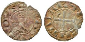 CRUSADERS. Principality of Antioch. Bohémond III, 1163-1201. Denier (silver, 0.77 g, 17 mm). +BOAMVNDVS Helmeted head of a knight to left flanked by c...