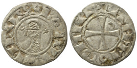 CRUSADERS. Principality of Antioch. Bohémond III, 1163-1201. Denier (silver, 0.75 g, 17 mm). +BOAMVNDVS Helmeted head of a knight to left flanked by c...