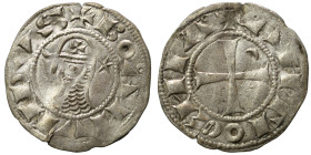 CRUSADERS. Principality of Antioch. Bohémond III, 1163-1201. Denier (silver, 0.82 g, 18 mm). +BOAMVNDVS Helmeted head of a knight to left flanked by c...