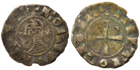 CRUSADERS. Principality of Antioch. Bohémond III, 1163-1201. Denier (silver, 0.66 g, 17 mm). +BOAMVNDVS Helmeted head of a knight to left flanked by c...