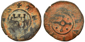 CRUSADERS. County of Tripoli. Bohémond V, 1233-1251. Pougeoise (bronze, 0.85 g, 15 mm). +CIVITAS Cross pommetée with central pellet-in-annulet; pellet...