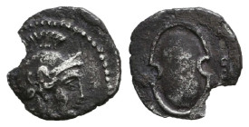Cilicia, Tarsos AR Obol. Struck under Balakros, satrap of Cilicia, 333-323 BC. Boiotian shield, B to left / Head of Athena to right, wearing crested A...