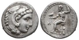 Greek coins
Kings of Macedon, Alexander III 'the Great' AR Drachm Lampsakos, ca 310-301 BC.
Obv: Head of Herakles right, wearing lion's skin
Rev: AΛΕΞ...