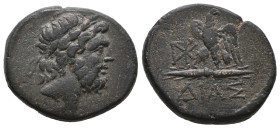 Greek Coins
BITHYNIA.Dia.(Circa 85-65 BC).Ae.
Obv : Laureate head of Zeus to right.
Rev : ΔΙΑΣ.
Eagle standing left on thunderbolt, head right; monogr...