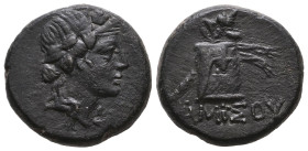 Greek Coins
PONTUS - AMISOS
Type: Tetrachalcum
Date: c. 85-65 AC.
Mint name / Town: Amisos, Pont
Obverse description: Head of young Dionysus right, lo...