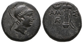 Greek
Pontos. Amisos circa 85-65 BC.
Bronze Æ
Head of young Ares right, wearing helmet / ΑΜΙ-ΣΟΥ, sword in sheath, monograms flanking.
very fine

Weig...