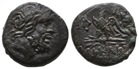 Pontos. Pharnakeia circa 95-90 BC.
Bronze Æ
Laureate head of Zeus right / ΦAPNAK[EIAΣ], eagle standing left, head right, on thunderbolt; monogram to l...