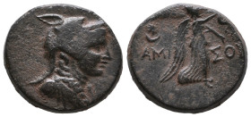 Greek
Pontos. Amisos circa 85-65 BC.
Bronze Æ
Bust of Amazon right, in wolf's scalp / [A]MI-ΣO[Y], Nike walking right, holding wreath in right hand, p...