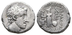 Greek
Kings of Cappadocia. Ariarathes X, Eusebes, Philadelphos (42-36 BC) AR Drachm Mazaka/Eusebeia, regnal year E (5) = 38-37 .
Obv: Diademed and bea...