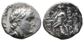 Greek
Seleucid Kings, Antiochos IV Epiphanes ? 175-164 BC, AR drachm, uncertain mint
Diademed head of Antiochos right
Apollo seated on omphalos left, ...