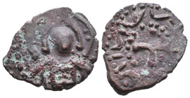 CRUSADERS, Edessa. Joscelin I de Courtenay or Joscelin II. 1119-1150.Ae Follis. Obv: Facing bust of Christ Pantocrator / [IЄVS]ЄΛ(IИ). Rev: cross patt...