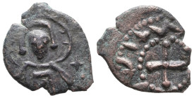 CRUSADERS, Edessa. Joscelin I de Courtenay or Joscelin II. 1119-1150.Ae Follis. Obv: Facing bust of Christ Pantocrator / [IЄVS]ЄΛ(IИ). Rev: cross patt...