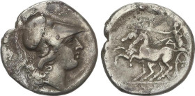 GREEK COINS
Didracma. 265-240 a.C. CALES. CAMPANIA. Anv.: Cabeza de Atenea a derecha con casco corintio con cresta. Rev.: Nike en biga galopando a iz...