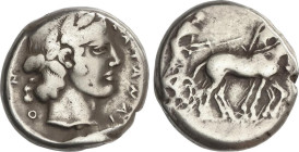 GREEK COINS
Tetradracma. 450-445 a.C. KATANE. SICILIA. Anv.: Auriga, sosteniendo kentron y riendas, conduciendo una cuadriga a derecha. Rev.: Cabeza ...