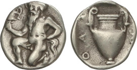 GREEK COINS
Trihemióbolo. 411-350 a.C. THASOS. TRACIA. Anv.: Sátiro viejo arrodillado a izquierda con cola de caballo y llevando cántaro. Rev.: Ánfor...