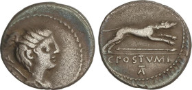 ROMAN COINS: ROMAN REPUBLIC
Denario. 74 a.C. POSTUMIA. C. Postumius At. (o Ta.). Anv.: Cabeza de Diana a derecha, con arco y carcaj. Rev.: Perro a de...