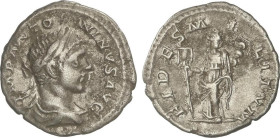 ROMAN COINS: ROMAN EMPIRE
Denario. 219 d.C. HELIOGÁBALO. Anv.: IMP. ANTONINIVS AVG. Busto laureado. Rev.: FIDES MILITVM. Fe en pie de frente cabeza a...