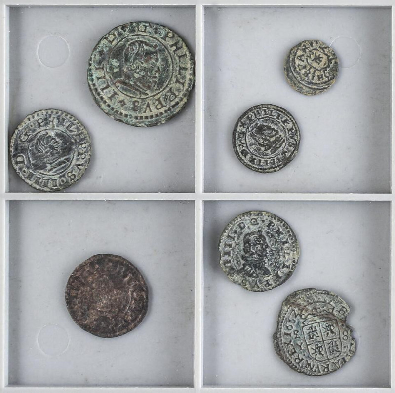 SPANISH MONARCHY: PHILIP IV
Lote 7 monedas 2 a 16 Maravedís. 2 maravedís 1663 M...