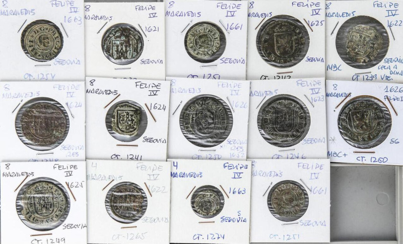 SPANISH MONARCHY: PHILIP IV
Lote 14 monedas 4 (2), 8 Maravedís (12). 1621 a 166...