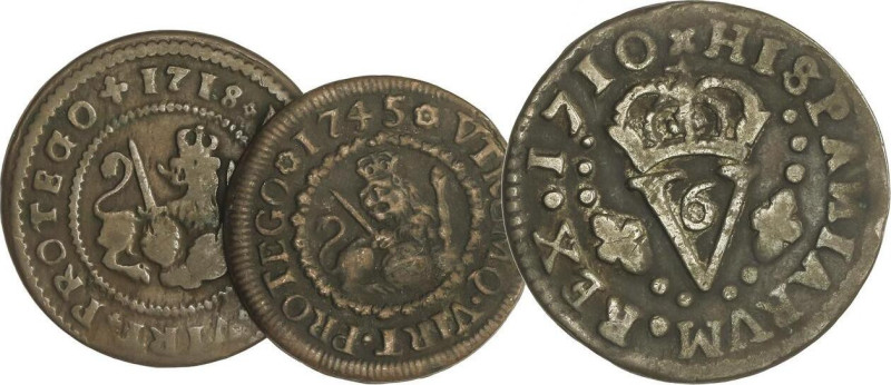 SPANISH MONARCHY: PHILIP V
1 Sise y 2 Maravedís (2). 1710, 1718, 1745. BARCELON...