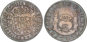 SPANISH MONARCHY: PHILIP V
2 Reales. 1739. MÉXICO. M.F. 6,42 grs. Pátina. AC-821. MBC-.