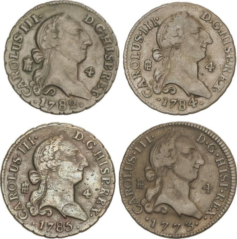 SPANISH MONARCHY: CHARLES III
Lote 4 monedas 4 Maravedís. 1773, 82, 84, 85. SEG...