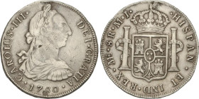 SPANISH MONARCHY: CHARLES III
8 Reales. 1780. LIMA. M.J. 26,42 grs. (Perforación reparada). AC-1046. MBC-.