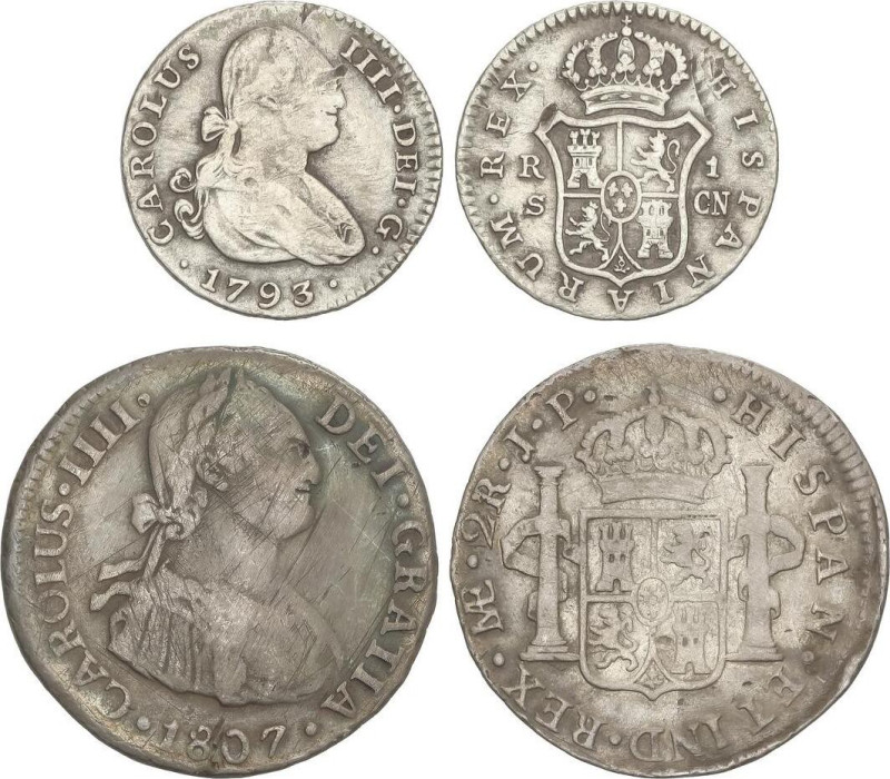 SPANISH MONARCHY: CHARLES IV
Lote 2 monedas 1 y 2 Reales. 1793, 1807. LIMA-J.P....