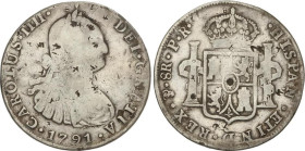 SPANISH MONARCHY: CHARLES IV
8 Reales. 1791. POTOSÍ. P.R. 26,16 grs. Resellos chinos. AC-991. BC+.