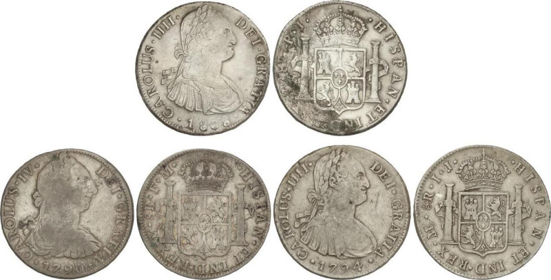 SPANISH MONARCHY: CHARLES IV
Lote 3 monedas 8 Reales. 1790, 1794 y 1808. LIMA, ...