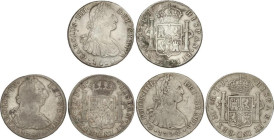 SPANISH MONARCHY: CHARLES IV
Lote 3 monedas 8 Reales. 1790, 1794 y 1808. LIMA, MÉXICO, POTOSÍ. 1790 MÉXICO F.M, 1794 LIMA I.J. y 1808 POTOSÍ P.J. (Pe...