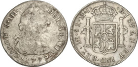 SPANISH MONARCHY: CHARLES IV
8 Reales. 1779. LIMA. M.J. 26,38 grs. (Oxidaciones). AC-1045. BC+/MBC-.