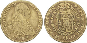 SPANISH MONARCHY: CHARLES IV
1 Escudo. 1797. NUEVO REINO. J.J. 3,3 grs. (Rayitas). AC-1205. MBC-.