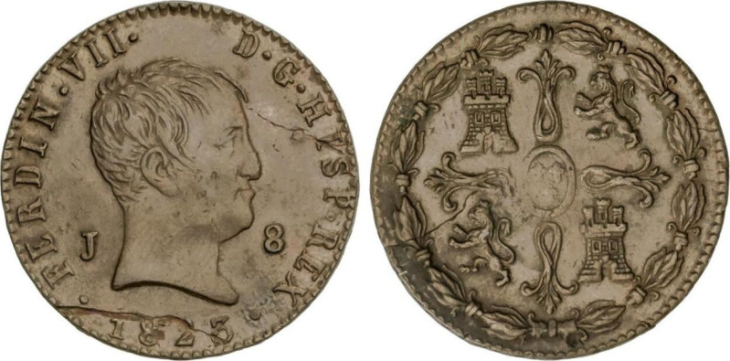 SPANISH MONARCHY: FERDINAND VII
8 Maravedís. 1823. JUBIA. 9,3 grs. (Hojas). AC-...