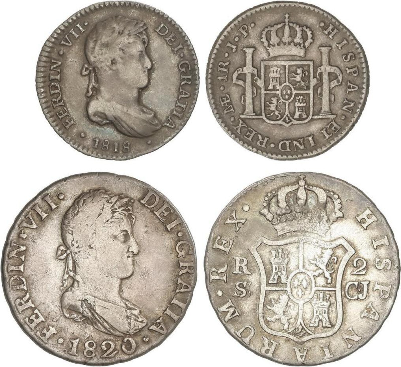 SPANISH MONARCHY: FERDINAND VII
Lote 2 monedas 1 y 2 Reales. 1818, 1820. LIMA, ...