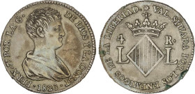 SPANISH MONARCHY: FERDINAND VII
4 Reales. 1823. VALENCIA. 6,1 grs. Módulo 2 Reales. Pátina. AC-994. MBC.