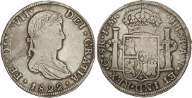 SPANISH MONARCHY: FERDINAND VII
8 Reales. 1822. GUANAJUATO. J.M. 26,61 grs. Acuñación floja, normal en estas piezas. ESCASA. AC-1218. MBC-.