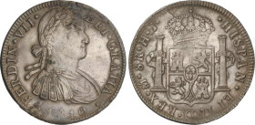 SPANISH MONARCHY: FERDINAND VII
8 Reales. 1810. MÉXICO. H.J. 26,77 grs. (Pátina y oxidaciones limpiadas). AC-1314. MBC+.