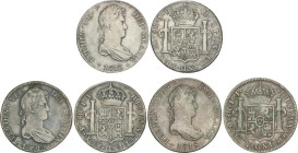 SPANISH MONARCHY: FERDINAND VII
Lote 3 monedas 8 Reales. 1813, 1818 y 1825. LIMA, MÉXICO, POTOSÍ. 1813 LIMA J.P.; 1818 MÉXICO J.J., y 1825 POTOSÍ I.J...