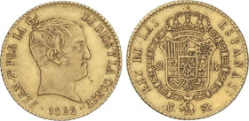 SPANISH MONARCHY: FERDINAND VII
80 Reales. 1822. MADRID. S.R. 6,75 grs. Tipo ´cabezón´. (Leve hojita en anverso). AC-1641. MBC.