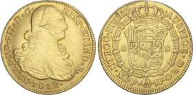 SPANISH MONARCHY: FERDINAND VII
8 Escudos. 1812. POPAYÁN. J.F. 26,79 grs. Busto de Carlos IV. (Sirvió de joya, rayitas de ajuste en reverso). AC-1813...