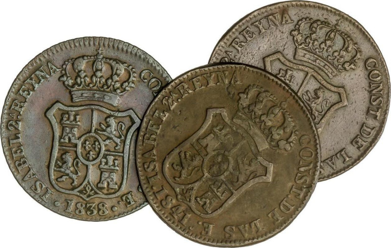 SPANISH MONARCHY: ELISABETH II
Lote 3 monedas 3 Cuartos. 1837, 38, 41. BARCELON...