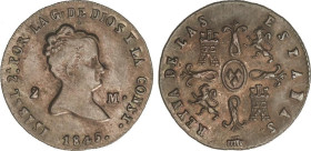 SPANISH MONARCHY: ELISABETH II
2 Maravedís. 1845. SEGOVIA. 2 grs. AC-57. EBC.