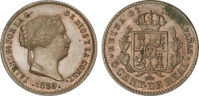 SPANISH MONARCHY: ELISABETH II
5 Céntimos de Real. 1859. SEGOVIA. 1,78 grs. (Leve principio de oxidación). AC-164. EBC.