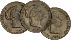 SPANISH MONARCHY: ELISABETH II
Lote 3 monedas 25 Céntimos de Real. 1857, 60, 64. SEGOVIA. A EXAMINAR. AC-190, 193, 197. MBC+ a EBC-.