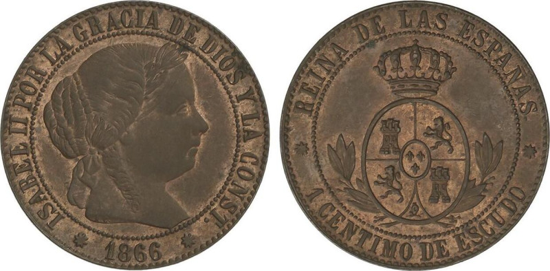 SPANISH MONARCHY: ELISABETH II
1 Céntimo de Escudo. 1866. BARCELONA. 2,5 grs. S...