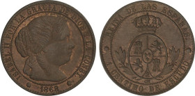 SPANISH MONARCHY: ELISABETH II
1 Céntimo de Escudo. 1868. BARCELONA. O.M. 2,57 grs. (Pequeña grieta en canto a las 6h). Brillo original. AC-216. SC-....