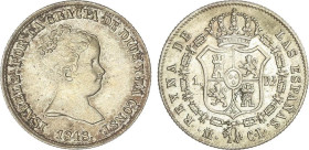 SPANISH MONARCHY: ELISABETH II
1 Real. 1848. MADRID. C.L. 1,49 grs. (Leves golpecitos). Pátina. AC-300. EBC-.