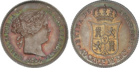 SPANISH MONARCHY: ELISABETH II
40 Centimos de Escudo. 1864. MADRID. 5,17 grs. (Leves rayitas en anverso). Bonita pátina irisada oscura. AC-499. EBC.